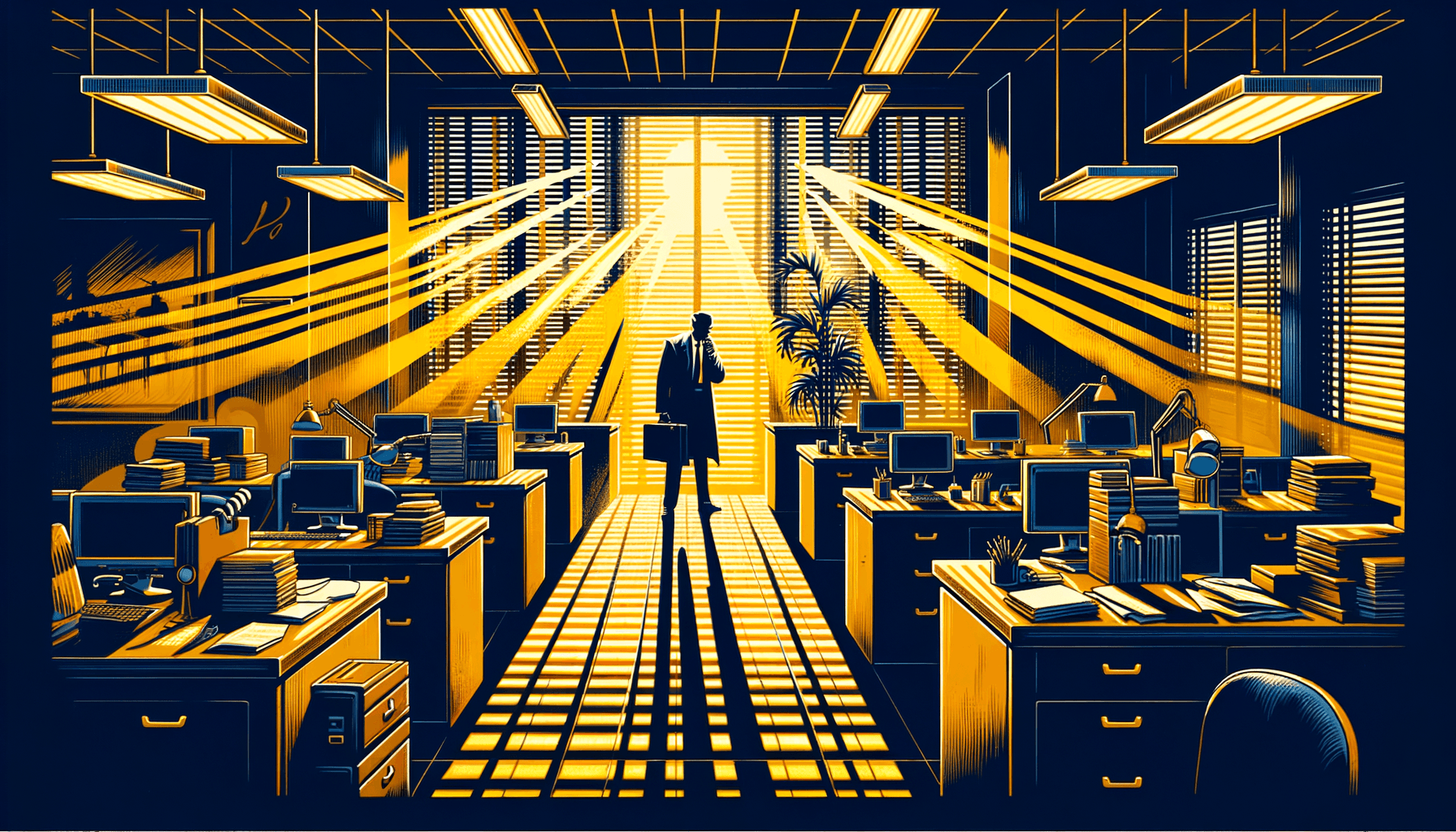 Dramatic comic-style illustration of AI search optimization showing a 1960s detective novel scene with film noir lighting