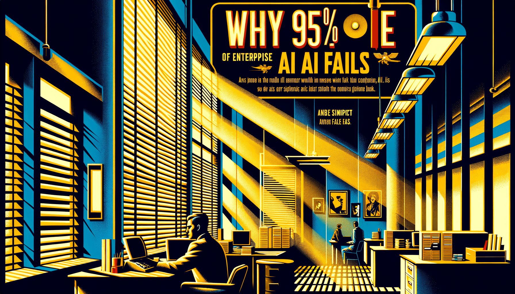 Abstract visualization of AI transformation showing grassroots adoption spreading upward through an organization, with employees at computers connected by glowing neural networks while executives stand confused at the top