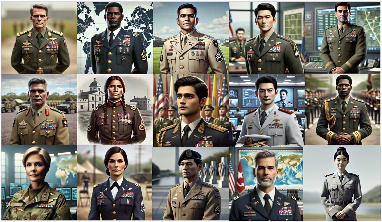 Grid of AI-generated military general images showing bias