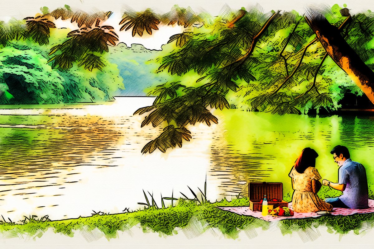 Watercolor illustration - Lakeside picnic